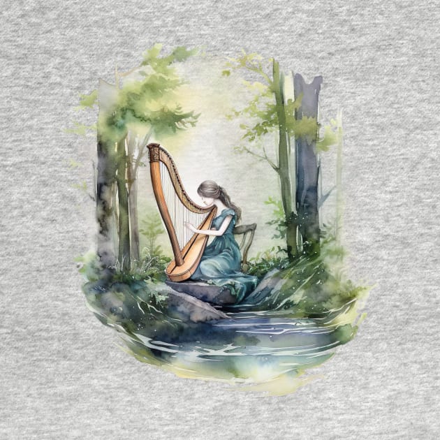 Fairy playing harp in the forest by Unicorn valley